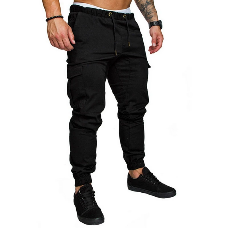 

Litthing 2019 Spring Autumn Casual Men Pant Drawstring Elastic Waist Cargo Trouser Solid Sweatpant Side Pocket Men Pant