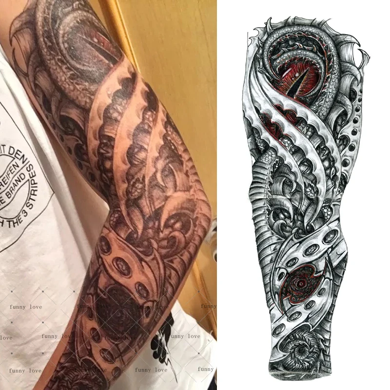 Временная татуировка на всю руку, водостойкая, крутая, серый, черный дракон, механические поддельные татуировки 3D, большой размер 48*17 см, большие татуировки для мужчин