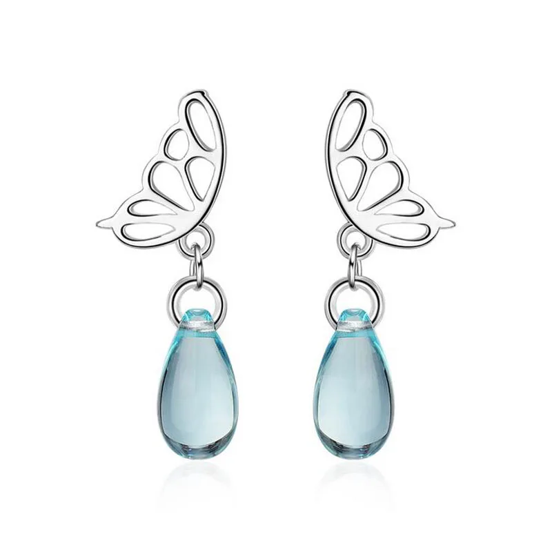 

Women Fashion 925 Silver Cute Butterfly Blue Crystal Long Dangle Earring For Girl Female Simple Party Earring Gift Jewelry ED646