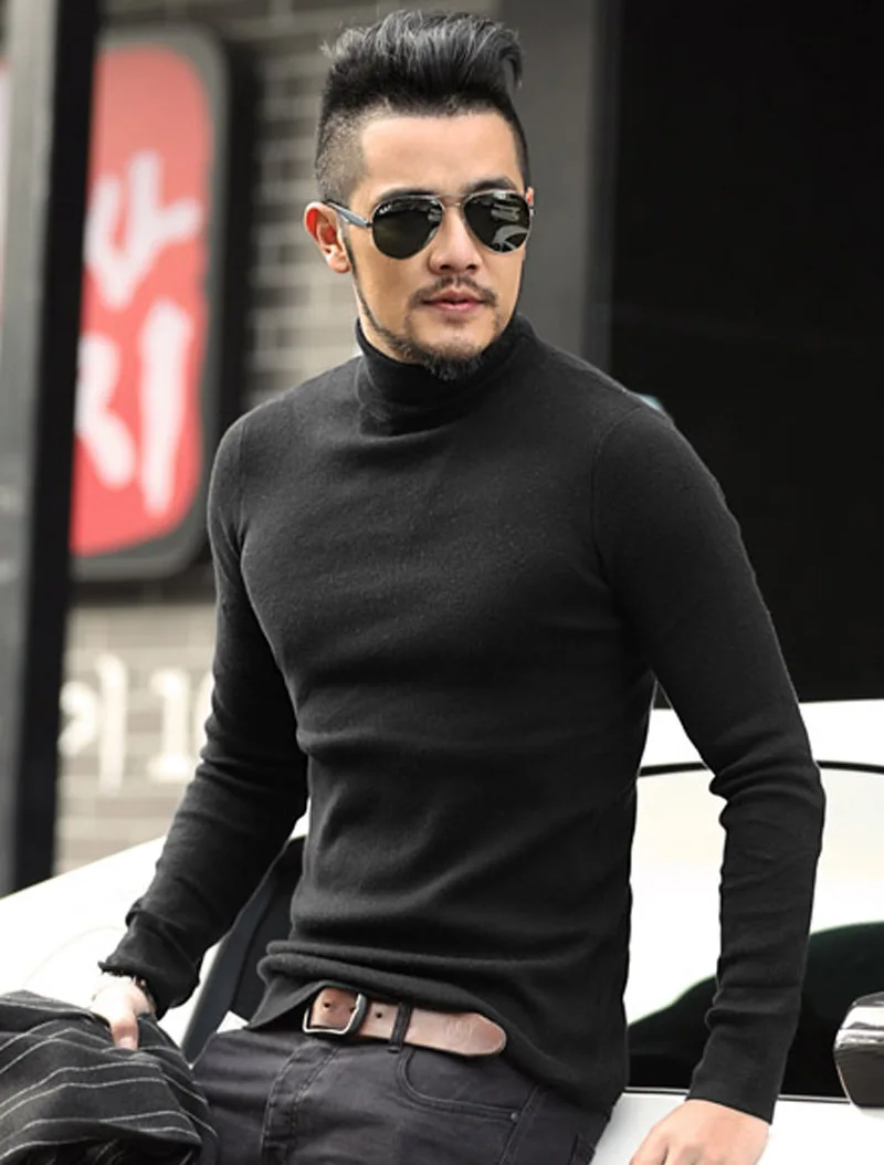 Mens Black Wool Turtleneck Sweater Slim Fit Solid Men Knit