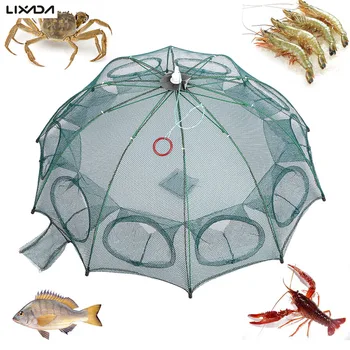 Lixada 4/6/8/10 Hole Automatic Fishing Net Fishing Trap Portable Folding crayfish catcher Mesh Trap Cage with Ring for Pesca