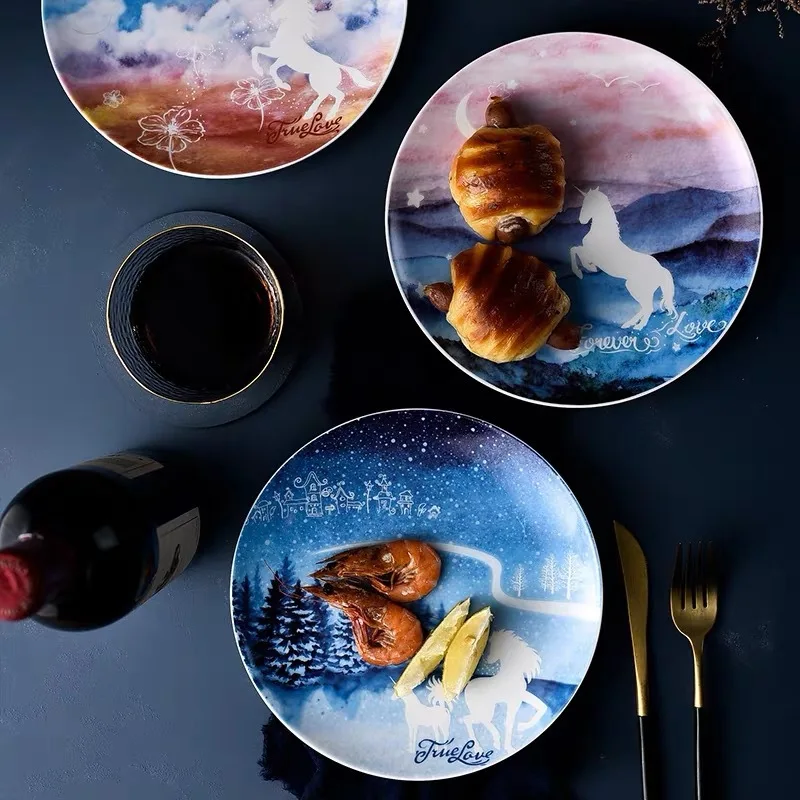 

Unicorn Starry Night Ceramic Dinner Plate Set Wall Decoration Dinnerware Crockery 8 inch