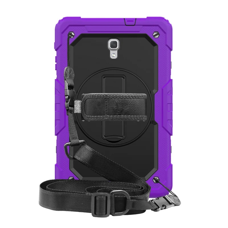 Purple 360 чехол, вращающийся на 360 градусов для Samsung Galaxy Tab A 10,1 T580 T585 детский противоударный силиконовый Жесткий чехол+ ремешок на шею и ремешок на руку - Цвет: Purple