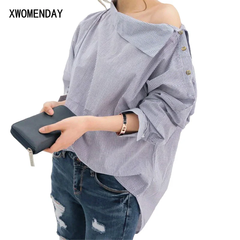 

Spring Women Off Shoulder Striped Shirt Blouse Batwing Long Sleeve Skew Collar Button Shirts 2018 Casual Tops Blue Black Shirt