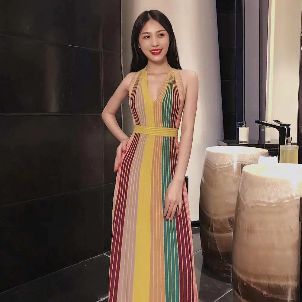 

2019 Europe and the United States spring and summer new hanging neck V-neck striped leaky back MAXI long fashion el Dress + suit