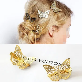 

Elegant Fashion Korean Version Of The Hollow Gold Left And Right Butterfly Female Hairpin Side Clip Headwear Hair Accessories