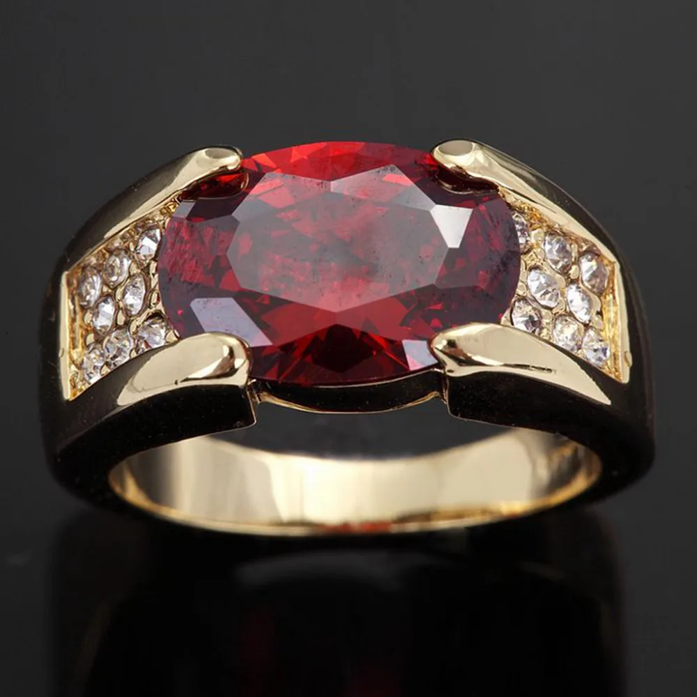 SuoHuan, размер 8-11, очаровательные кольца для мужчин, Красный Цирконий, большой камень, кристалл, позолота, вечерние, модные, Обручальные, ювелирный подарок на палец