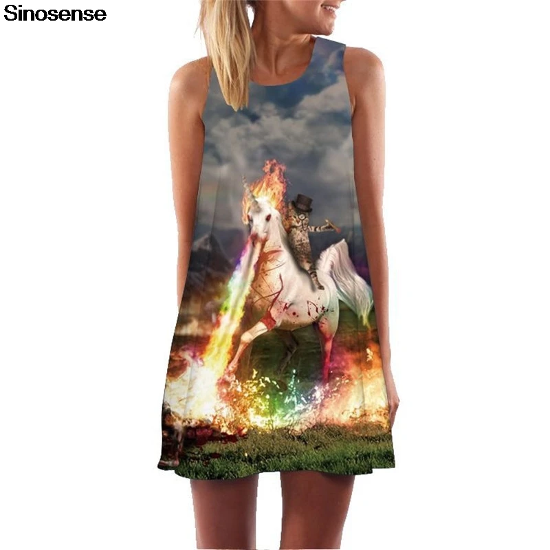 

New Cat Unicorn Dress 2019 Sleeveless A Line O Neck Summer Boho Style Chiffon Dress Casual Sexy Short Beach Party Mini Dresses