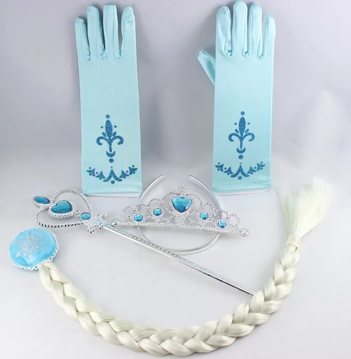 New Arrival 4pcs/set Elsa Anna Figure Princess Accessories Crown Gloves Braid Wig Magic Wand PVC Figure Toys Girl Play Set