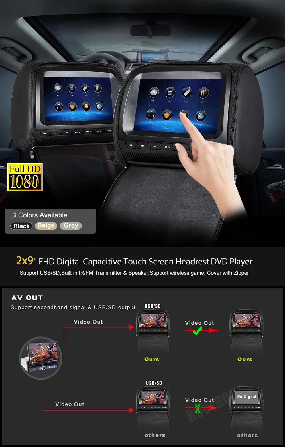 Roverone 2 шт. x 9 дюймов Мониторы подголовник автомобиля dvd-плеер HD 1080 P видео цифровой Сенсорный экран молнии Обложка USB SD + 2 ИК-наушники