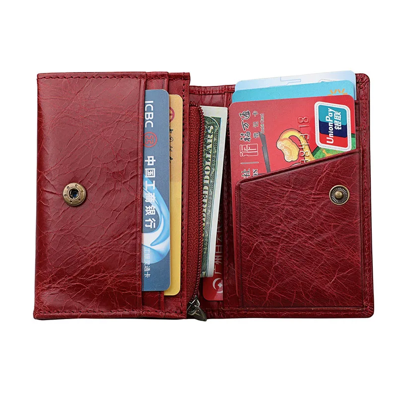 

Vintage Crazy Horse Genuine Leather Women Red Credit Card Holder Zipper Coin Pocket Money Purse Men Card Wallet RFID Protection