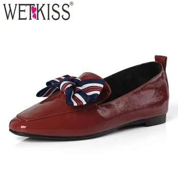 

WETKISS Patent Leather Women Flats Square Toe Butterfly Knot Footwear Flat Sole Female Shoes Fashion Casual Shoes Woman 2019