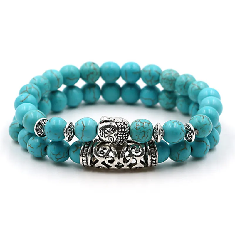 

DIEZI 2 pcs/set Antique Silver Plated Buddha Head Charm with Lava Onyx Turquoises Natural Stone Beads Bracelet Set For Men Women