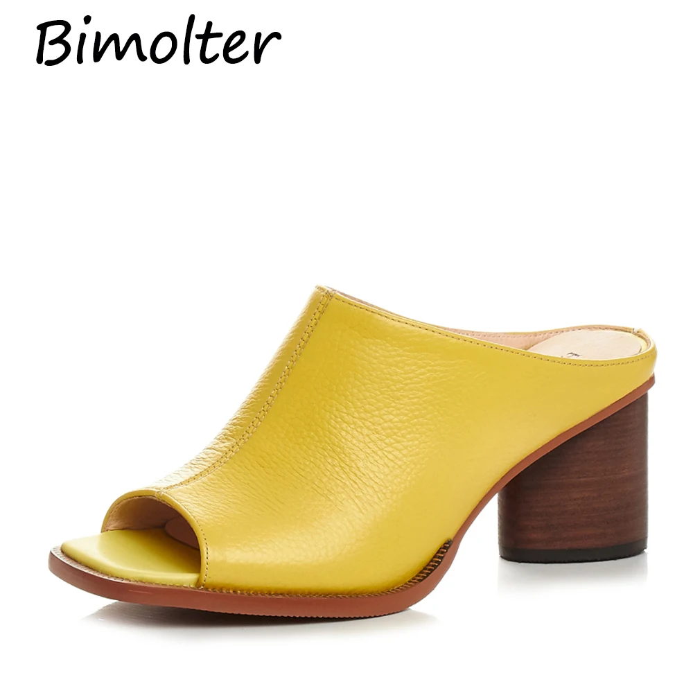 Bimolter/Новые модные желтые туфли-лодочки на толстом каблуке 8,5 см для женщин с открытым носком, высокое качество, летние шлепанцы из коровьей кожи FC021