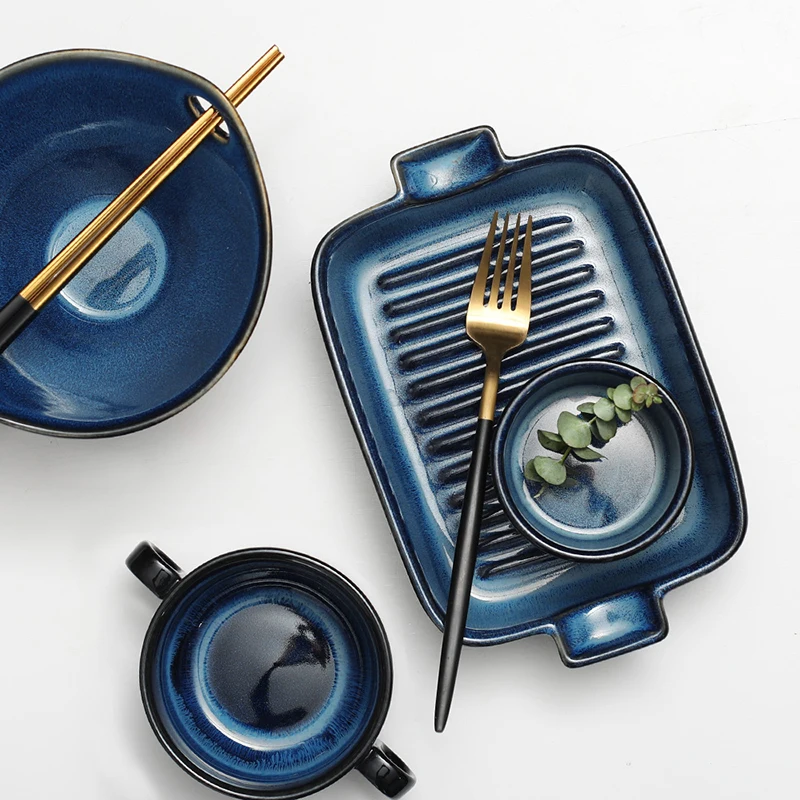 Синяя керамическая миска, миска для лапши, тарелка для еды, миска для супа, Салатница, поднос