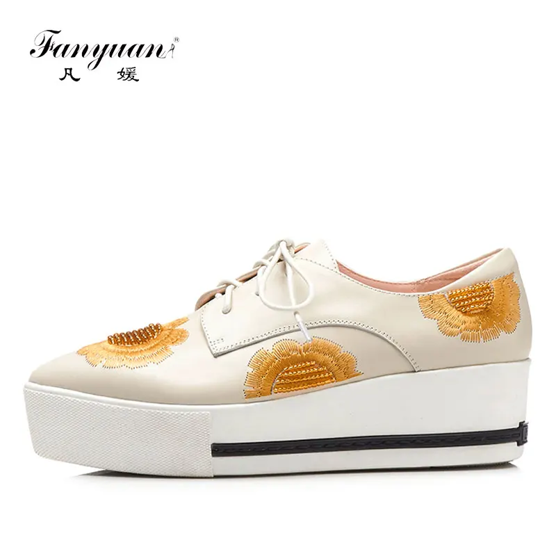 

Fanyuan 2018 Spring Ladies Platform Shoes Print Sunflower Vulcanized Shoes Pointed Toe Zapatillas Mujer Casual Safety Shoes