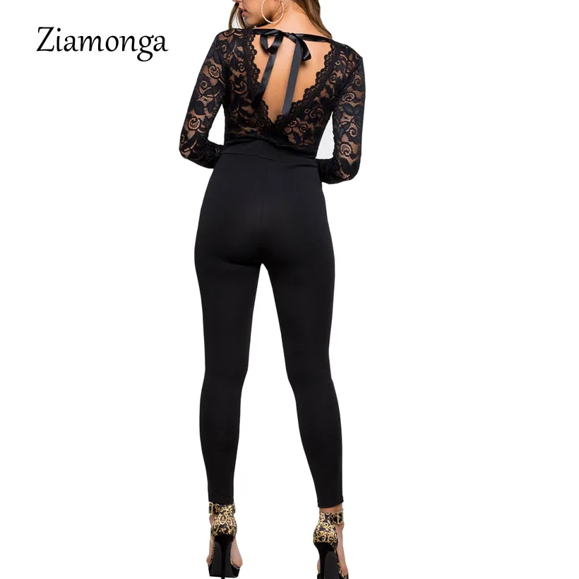 Ziamonga кружевной лоскутный комбинезон для женщин глубокий v-образный вырез с длинным рукавом женский комбинезон элегантные тонкие длинные штаны комбинезон женские Комбинезоны