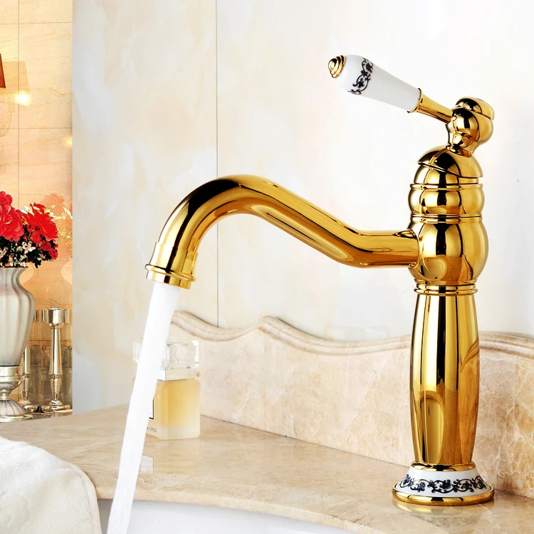 

Newly Wenzhou Faucet Bsthroom Copper Hot and Cold with Porcelain Mixer Swivel Spout Gold Plated Sink Taps G1093