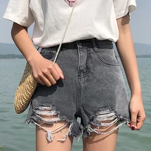 Корейские демисезонные Ulzzang тертые джинсовые шорты с высокой талией тонкие брюки повседневные джинсовые шорты женские потертые свободные джинсовые шорты
