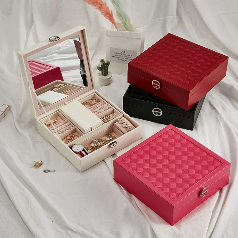 Casegrace nueva madera PU caja de joyería de cuero organizador maquillaje viaje almacenamiento caso cumpleaños anillo pendientes contenedor Cajas de Regalo - 5