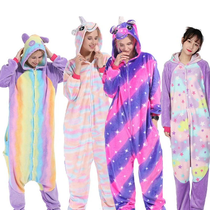 

New Winter Adults Animal Kigurumi Unicorn Pajamas Sets Cartoon Sleepwear Women Stitch Unicornio pajama Flannel Hooded Cosplay