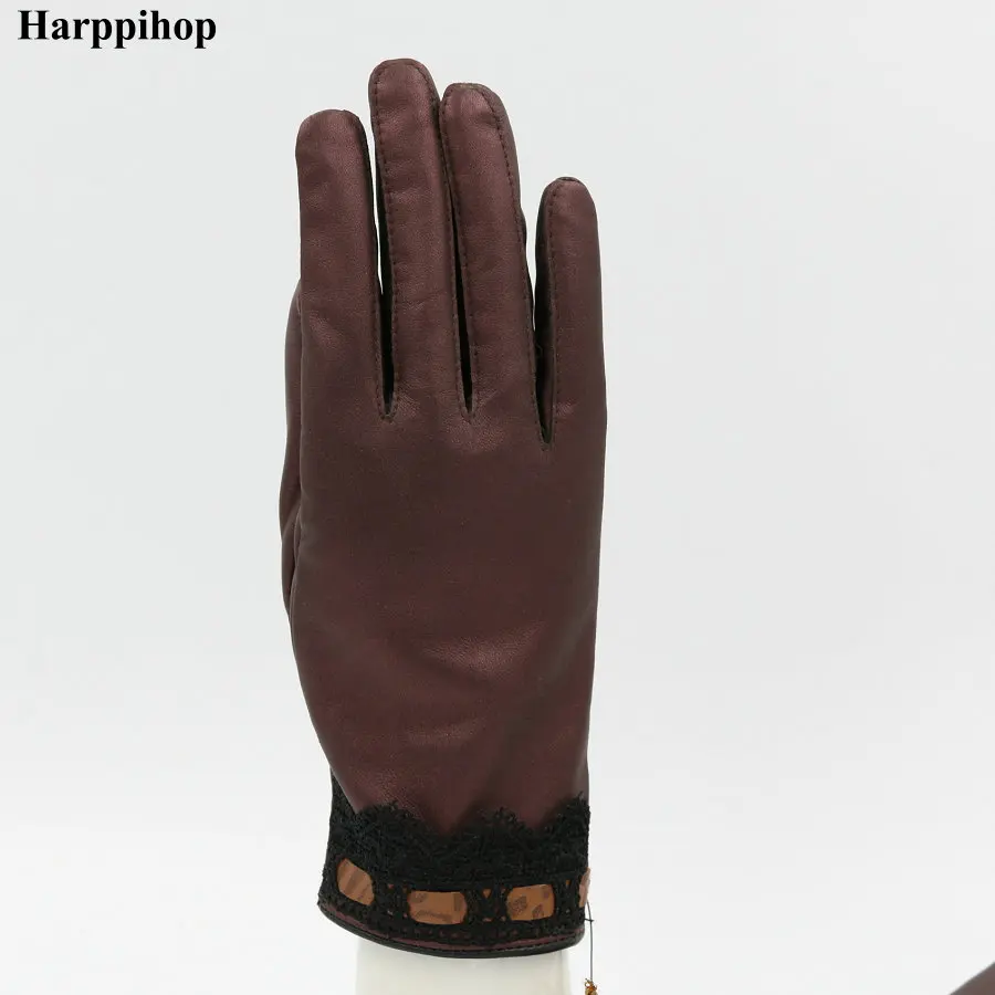 Harppihop кожаные перчатки женские плюс бархат толстые корейские Кружева Вышивка Овчина кожа теплые и холодные вождения - Цвет: 5