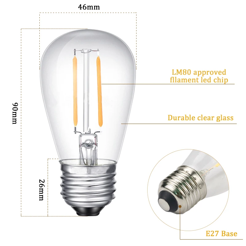 E27 Светодиодный лампа накаливания Ретро Эдисона прозрачная лампа освещения 2 Вт 110 В/220 В S14 светодиодный Сменные струны лампы дома праздник деко