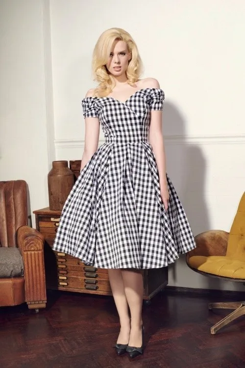 30-летние женские винтажные 50s gingham с открытыми плечами лодочкой шеи свинг-платье рокабилли pinup vestidos размера плюс платья jurken robe