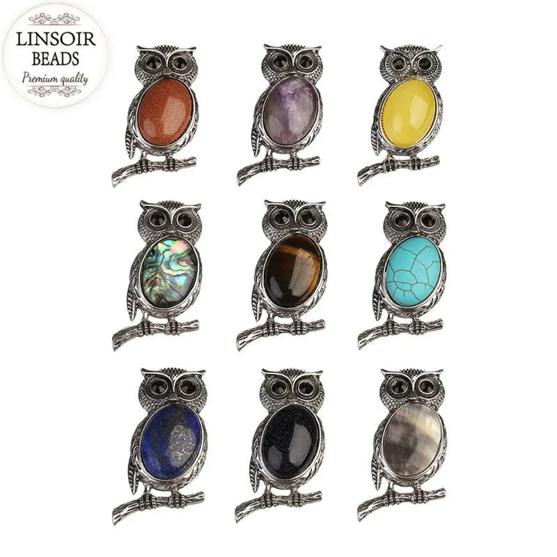 LINSOIR Fashion Metal Alloy Animal Owl Charms Pendants 48*29mm Natural Stone For Diy Necklace Jewelry Making F5518 | Украшения и
