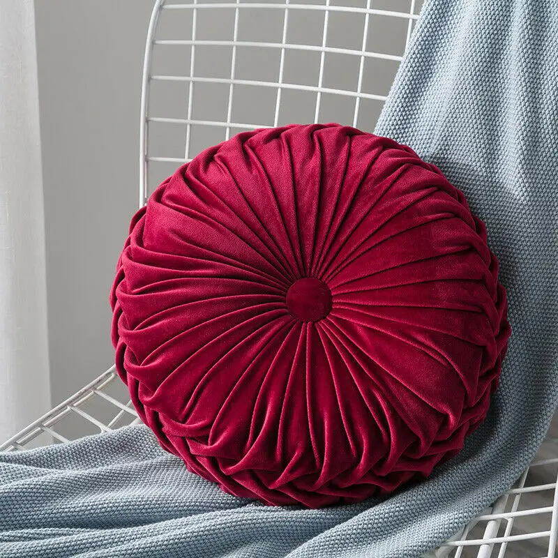 Velvet Pleated Round Floor Cushion Pillow Pouf Cover Throw Home Sofa Decor - Цвет: Wine red