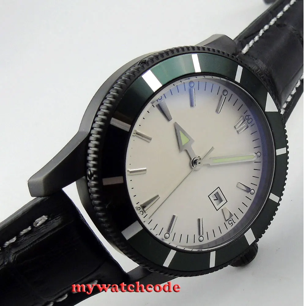 

46mm no logo white dial luminous marks date PVD case automatic mens watch Bi19