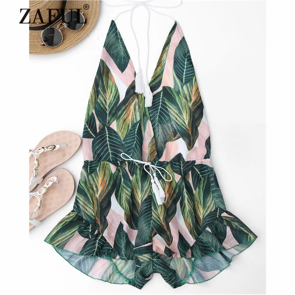 ZAFUL New Drawstring Backless Leaf Print Beach Cover Ups for Women Plunging Neck Halter Ruffles Playsuit Plant Cover-Ups pink u neck halter strap playsuit