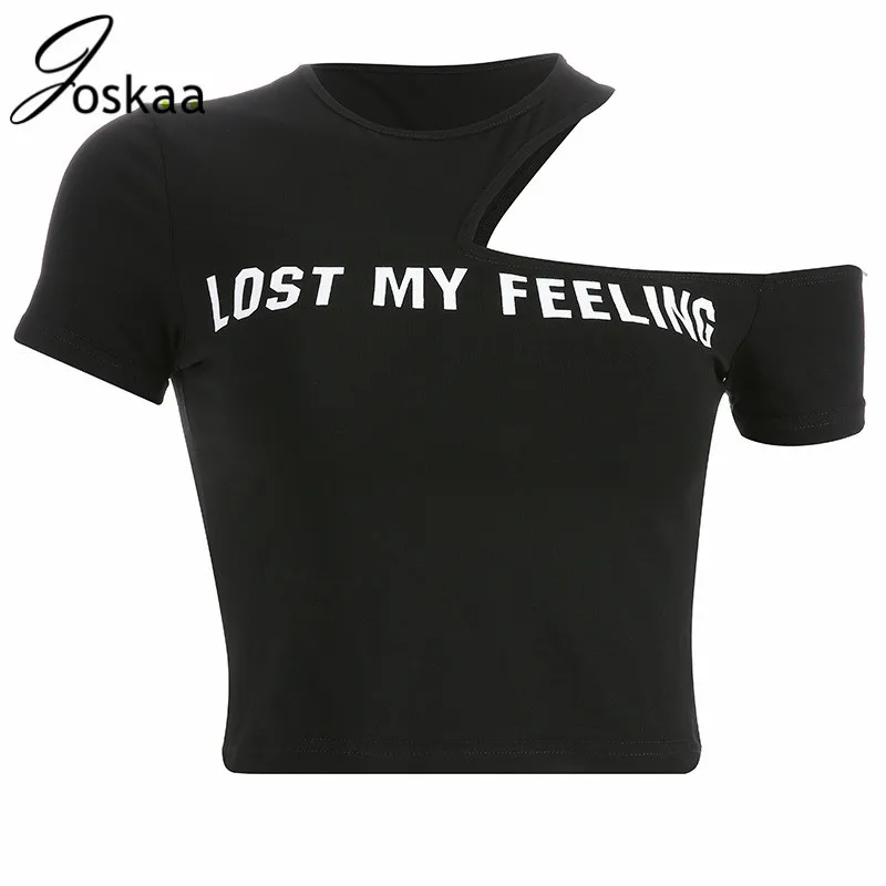 

New Irregular Hollow Out Sloping Shoulder Letters Printed Short T-shirt Summer Women Short Tops Casual Streetwear