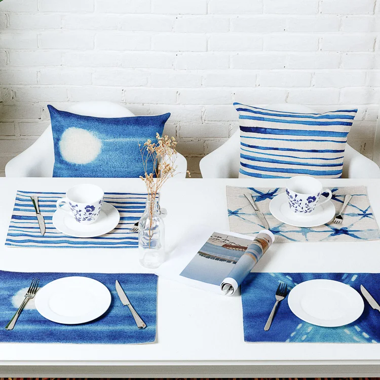 Blue stripe cotton linen Dining Table Mats Kitchen Tool Tableware Pad