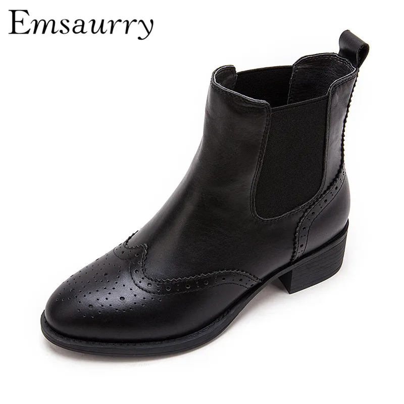 

British Style Brogue Shoes Black Genuine Leather Square Heel Round Toe Autumn Winter Short Booties For Women