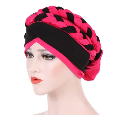 Мусульманское женское из молочного шелка двойная коса тюрбан шляпа капот шапочки Кепка хиджаб головной убор средство защиты волос головной убор аксессуары для волос - Цвет: Rose Red Black