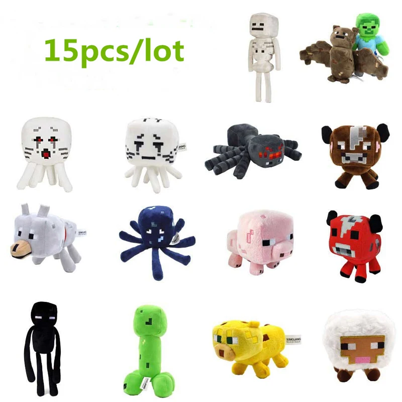 15pcs/lot Minecraft Plush Toy Minecraft Creeper JJ Enderman Steve Wolf Spider Ocelot Plush Stuffed Toys for Kids Children Gifts