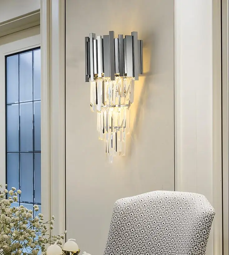 

Modern Crystal Living Room Wall Lamp Bedroom Silver Lighting Villa Aisle Wall Lighting