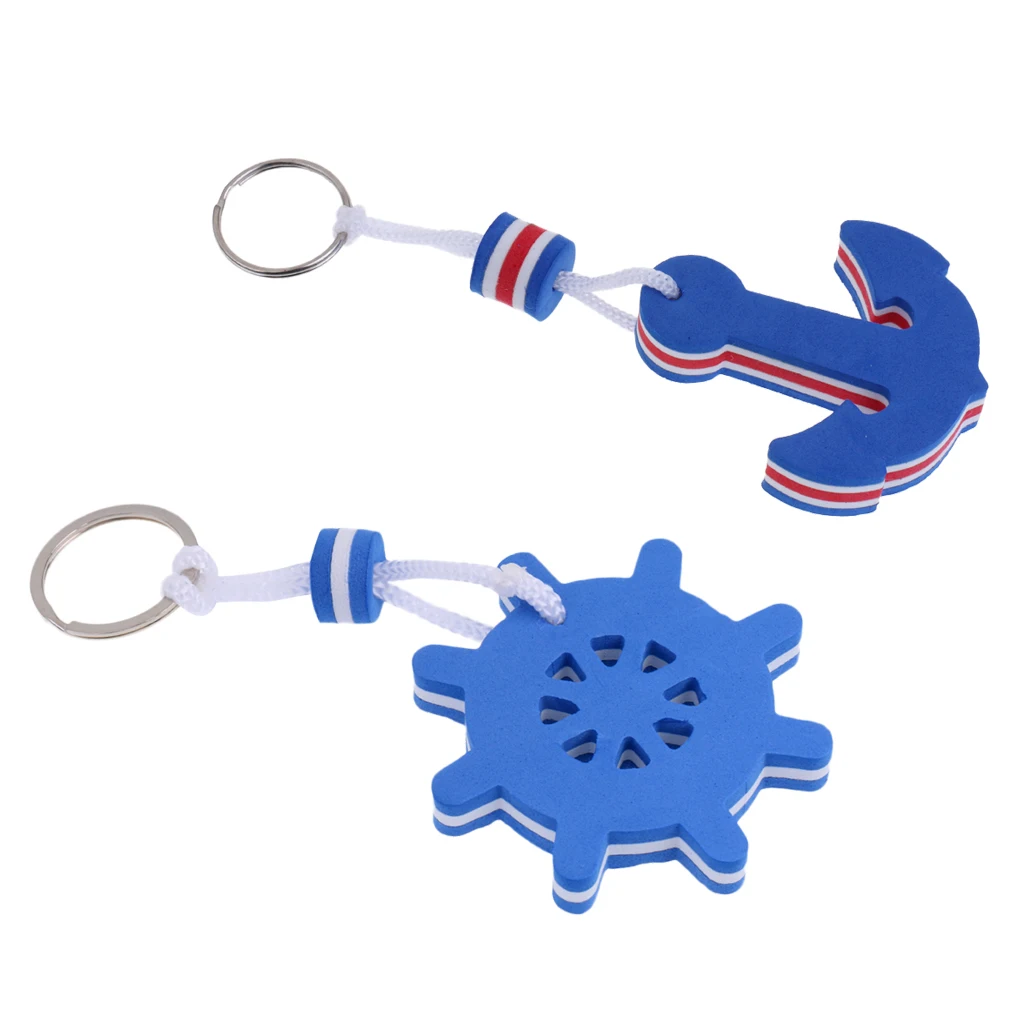 2 Pieces Kayaking Boating Sea Fishing Water Floating Keychain Key Ring for Couples Lovers- Anchor and Rudder Blue