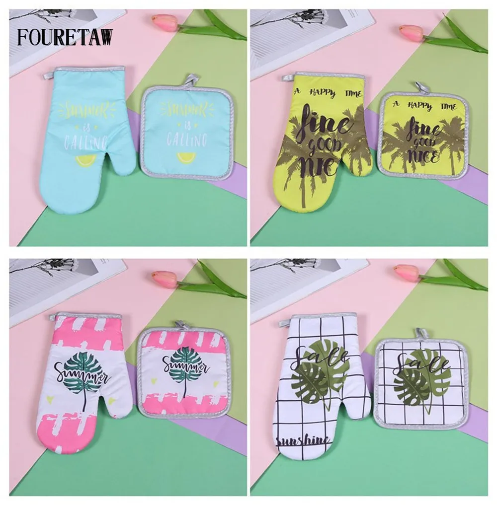 

FOURETAW 1 Pair Cotton Fashion Plants Pattern Kitchen Pad Cooking microwave baking BBQ oven potholders oven mitts kitchen gloves