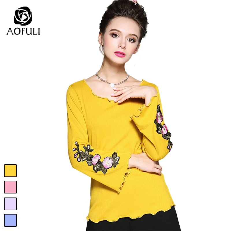 M- 4xl 5xl Flower Embroidery Long Sleeve Tops Women Autumn Flare Pullover Wavy Ruffle Knit Sweater Big Size Knitwear 6209 | Женская