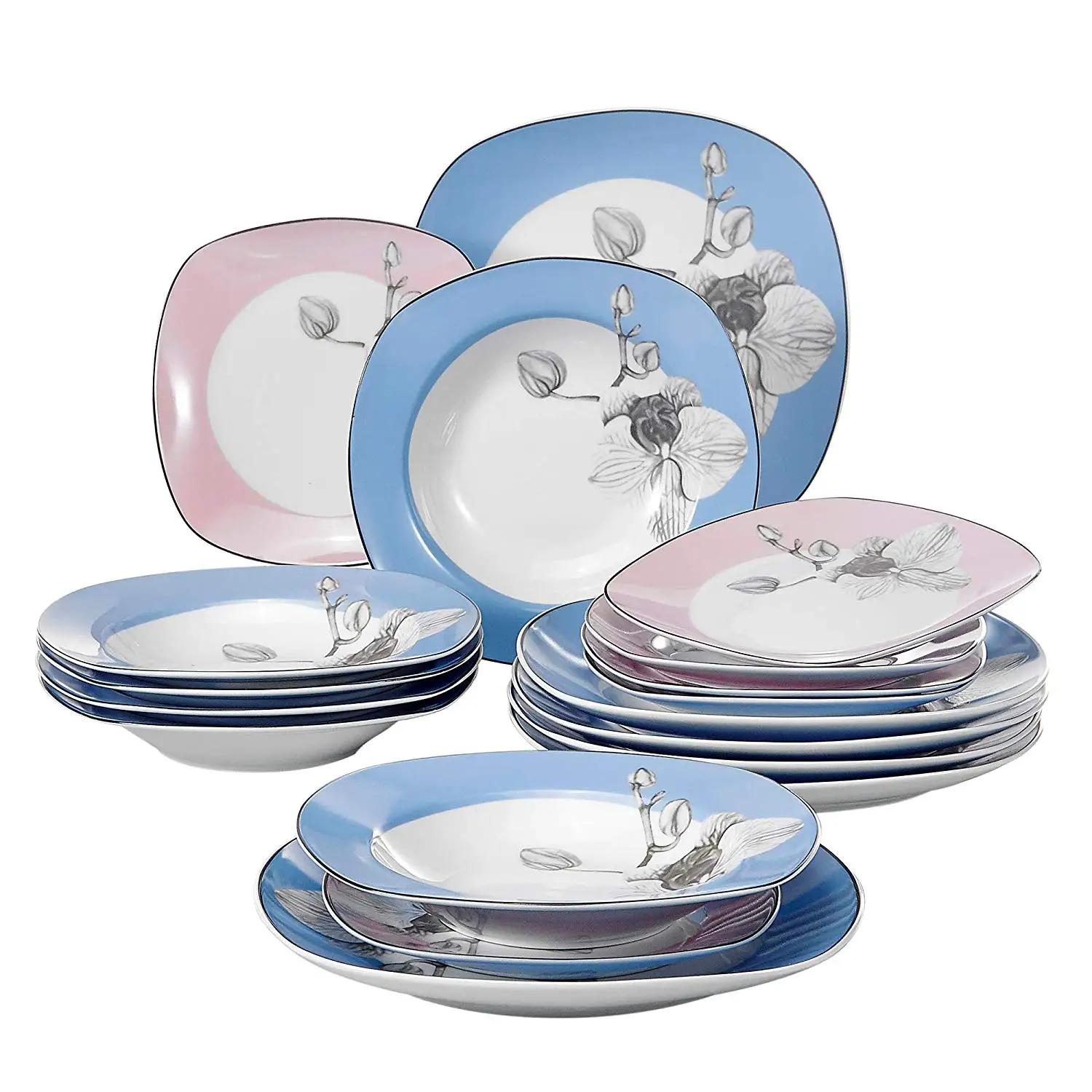 

VEWEET DEBBIE 18-Piece Porcelain Dinner Tableware Cutlery Set with 9.75" Dinner Plate 7.5" Dessert Plate 8.5" Soup Plate