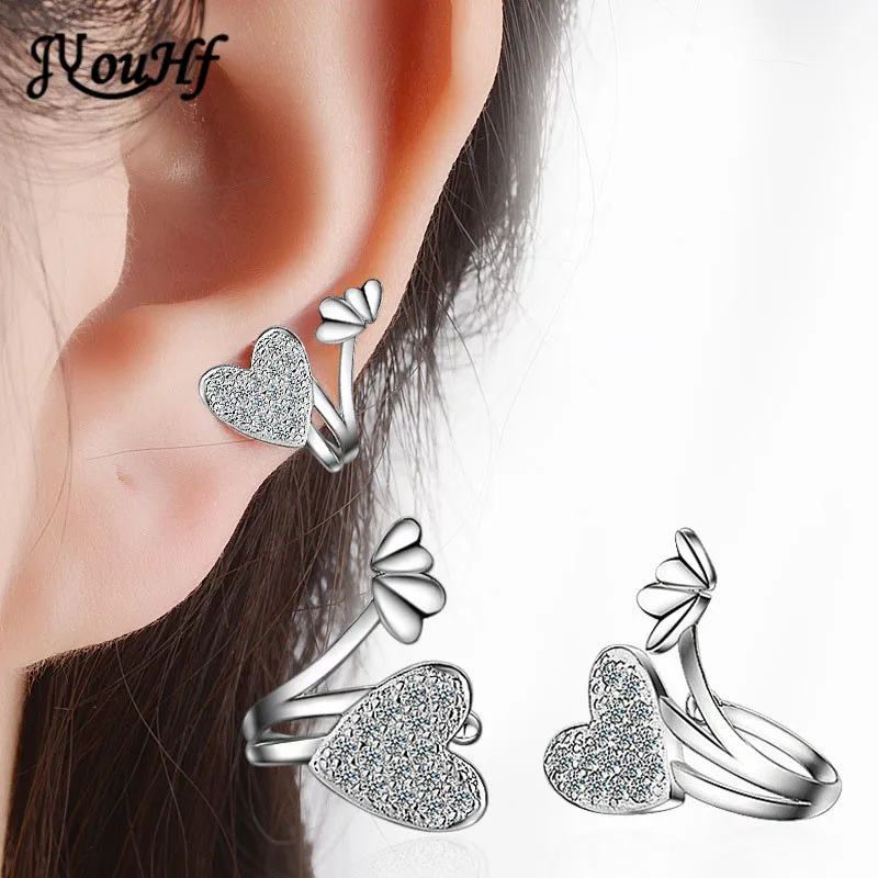 

JYouHF Cute Heart Ear Clip on Earrings without Piercing Lovely Heart Inlay AAA Zircon 925 Sterling Silver Cuff Earrings Women