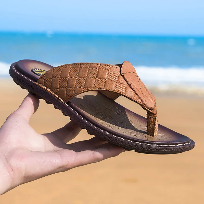 

Flat With Beach Fashion Outside Men's Slippers Leisure Concise 2019 Genuine Leather Summer Flip Flops Sewing Men Shoes C4
