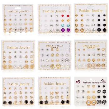 Rinhoo 12 pair/set Zircon Round Ball Pearl Stud Earring Sets New Design Flower Classic Women Metal Girl Gift Mix Jewelry Earring