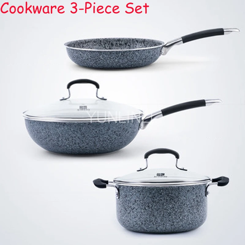 Medical Stone Cookware 3-Piece Set Home Cooking Ware Combination Non-Stick & Smoke-Free Frying Pan Soup Pan Stir-frying Pan T608