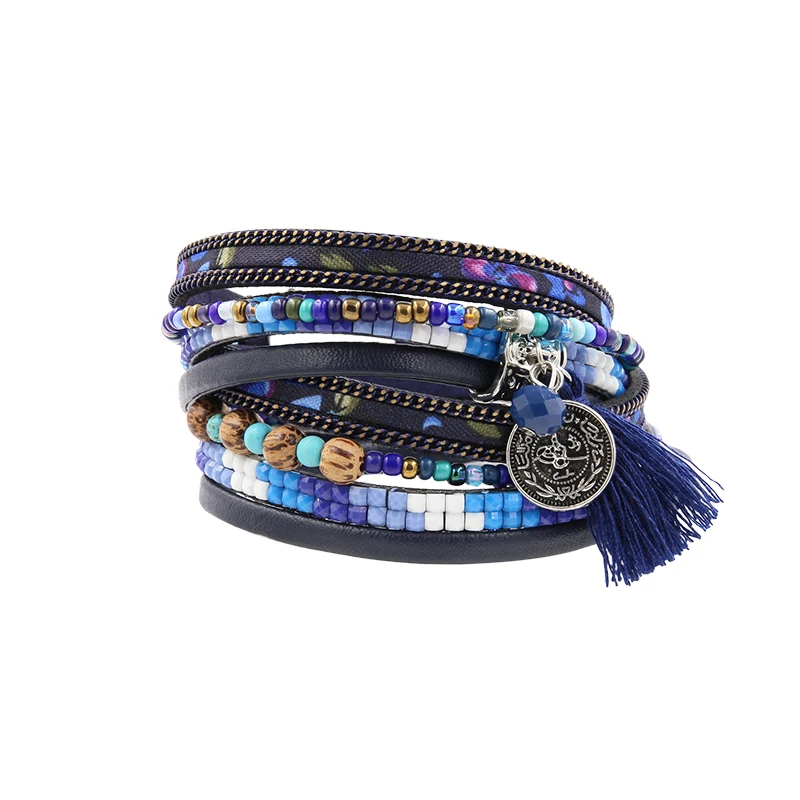 STRATHSPEY Bracelet PU Bracelets &Bangles For Women Pulseira Multi Rows Resin Flora Print Fabric And Beads Tassel Wrap Bracelet