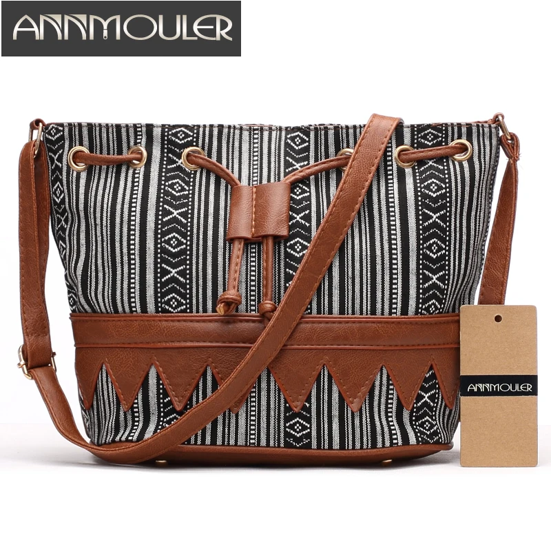 Annmouler Винтаж Сумки для Для женщин богемный Стиль сумка строка открытым племенные сумка-мешок из искусственной кожи лоскутное небольшой