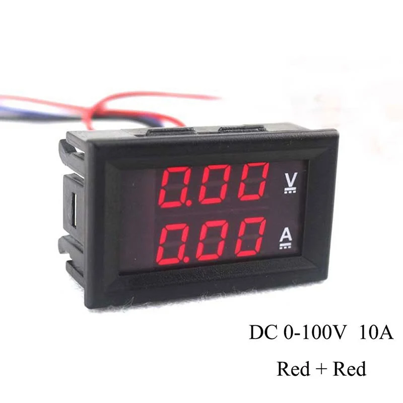 Hot DC 0-200V 100V 10A 3/4 Bit Voltmeter Ammeter Red+Red Red+Blue LED Amp Wires 