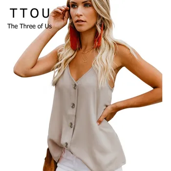 

TTOU Sexy spaghetti strap women tank tops Elegant buttons solid white cami tops Summer style streetwear female tops